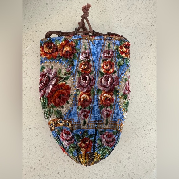 RARE 1890s Glass Beaded Cinch Bag w/Floral Pattern - Picture 9 of 16